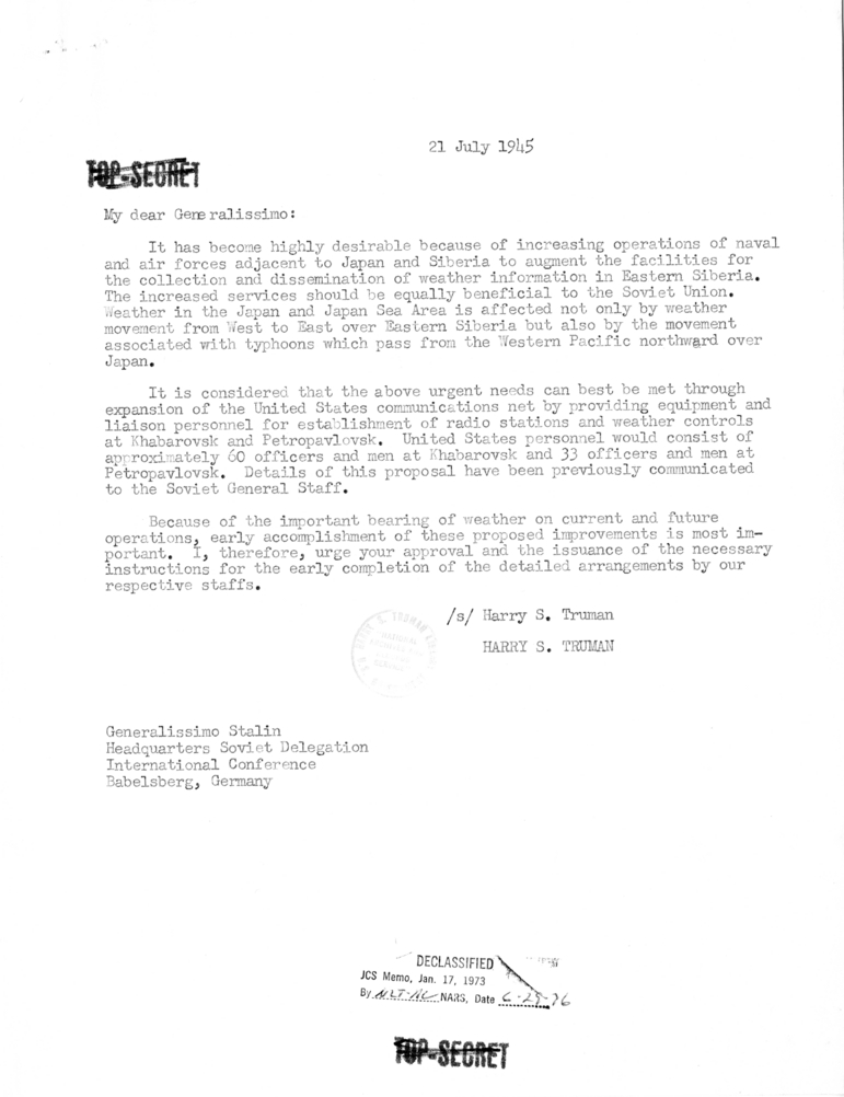 Memorandum from Fleet Admiral William D. Leahy to President Harry S. Truman