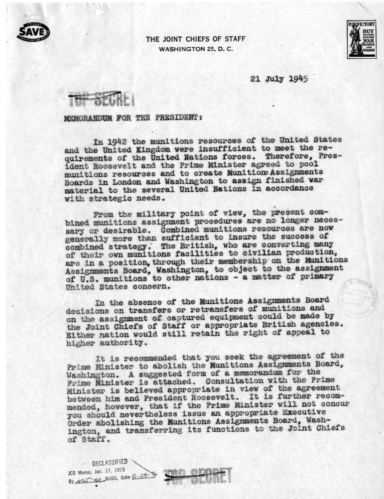 Memorandum from Fleet Admiral William D. Leahy to President Harry S. Truman