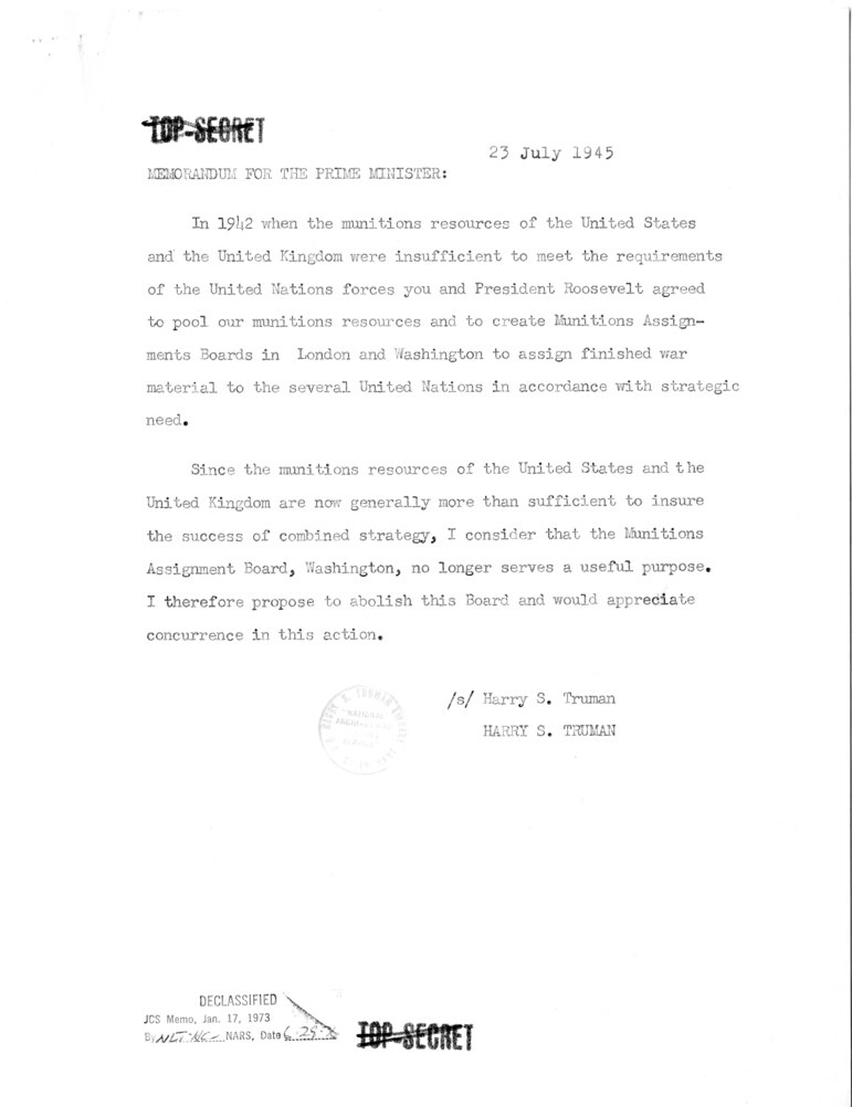 Memorandum from Fleet Admiral William D. Leahy to President Harry S. Truman