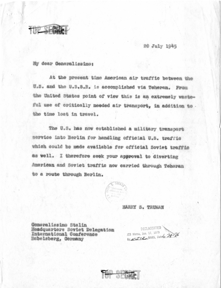 Memorandum from Admiral William Leahy to President Truman