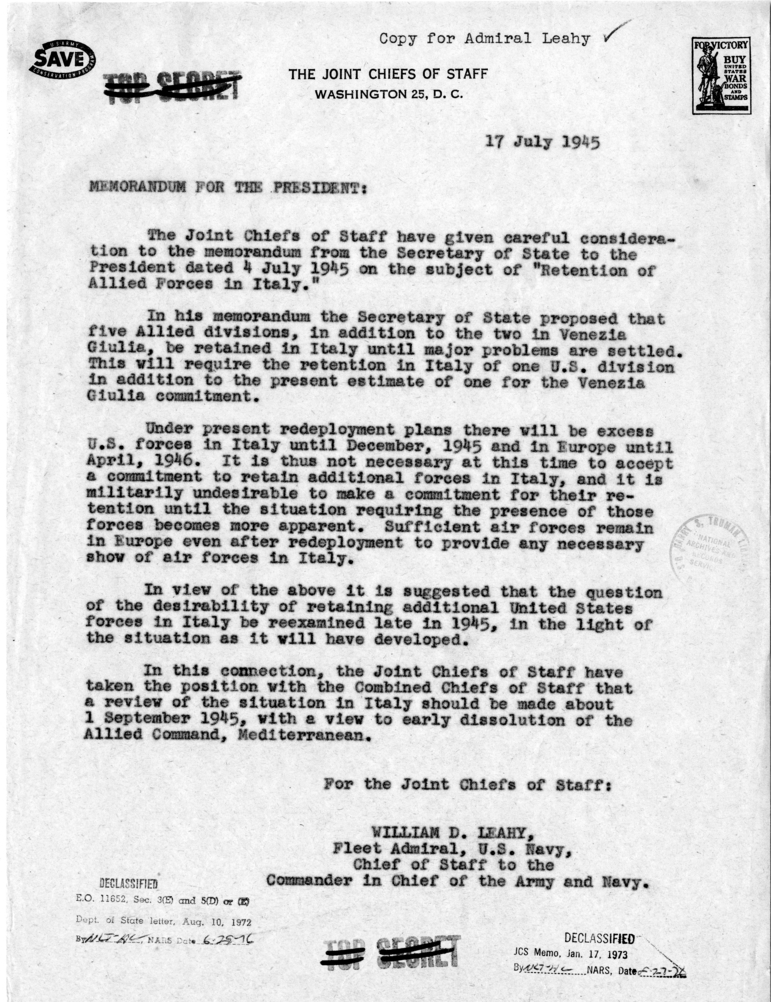 Memorandum from Fleet Admiral William D. Leahy to President Harry S. Truman