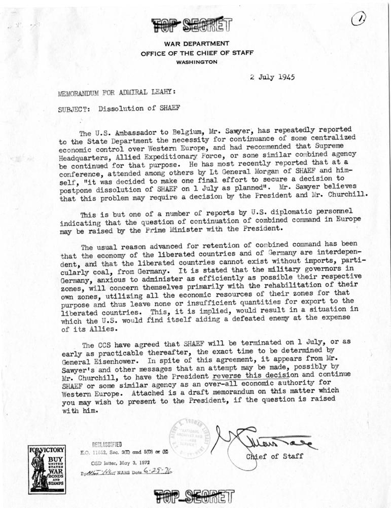 Memorandum from Gen. George C. Marshall Fleet Admiral William D. Leahy