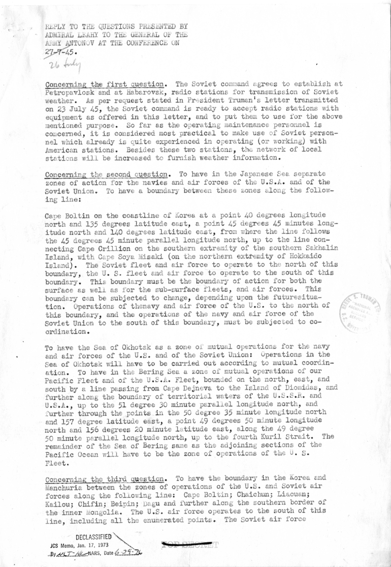 Memorandum, Reply to the Questions Presented by Admiral Leahy to the General of the Army Antonov at the Conference