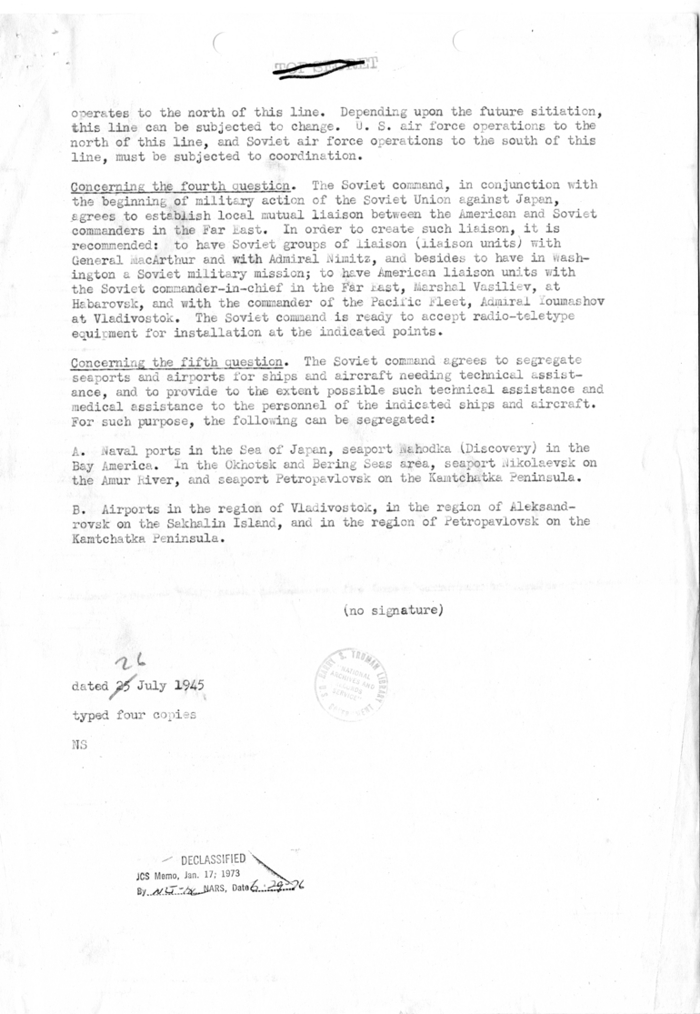 Memorandum, Reply to the Questions Presented by Admiral Leahy to the General of the Army Antonov at the Conference