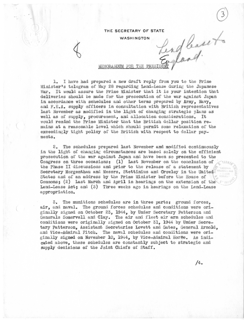 Memorandum for the President Regarding Lend-Lease to England