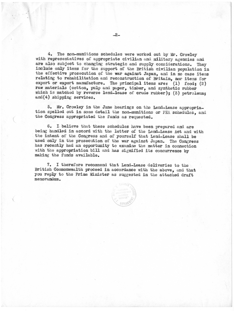 Memorandum for the President Regarding Lend-Lease to England