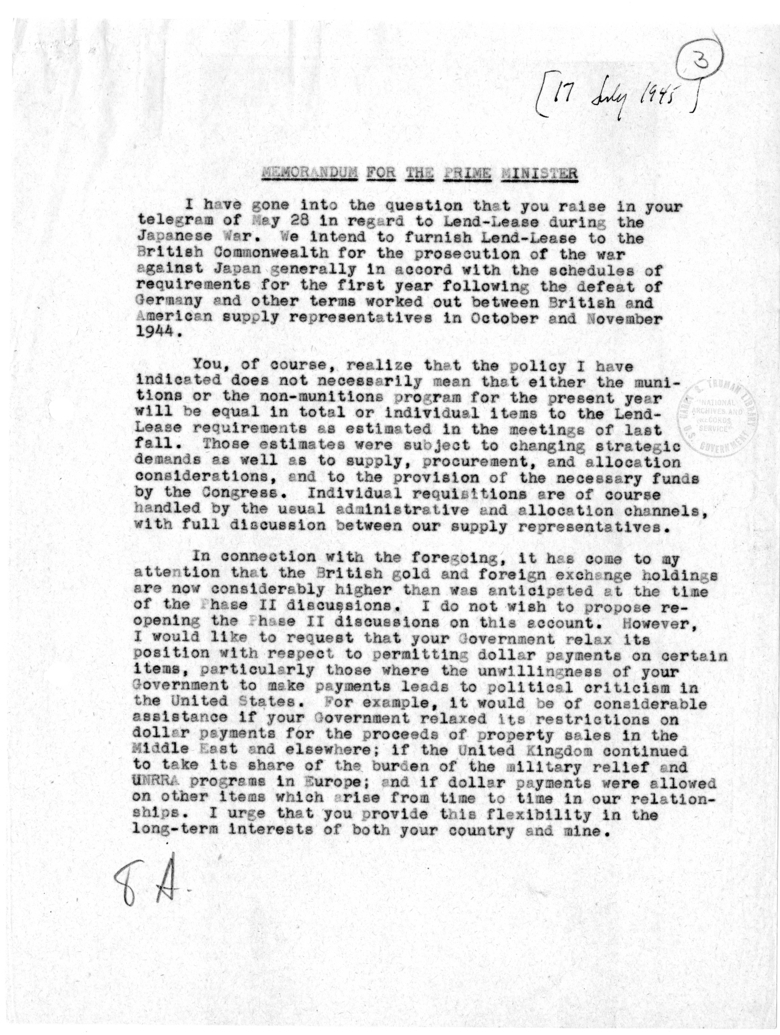 Draft of Memorandum for the Prime Minister Regarding Lend-Lease