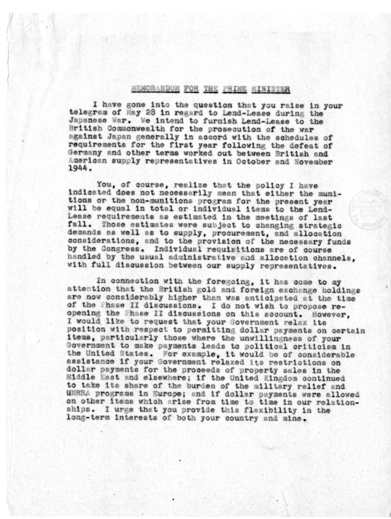 Draft of Memorandum for the Prime Minister Regarding Lend-Lease