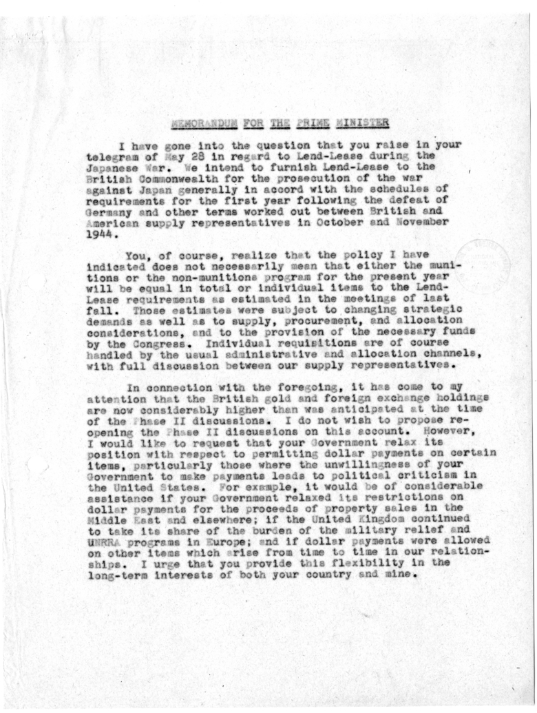 Draft of Memorandum for the Prime Minister Regarding Lend-Lease