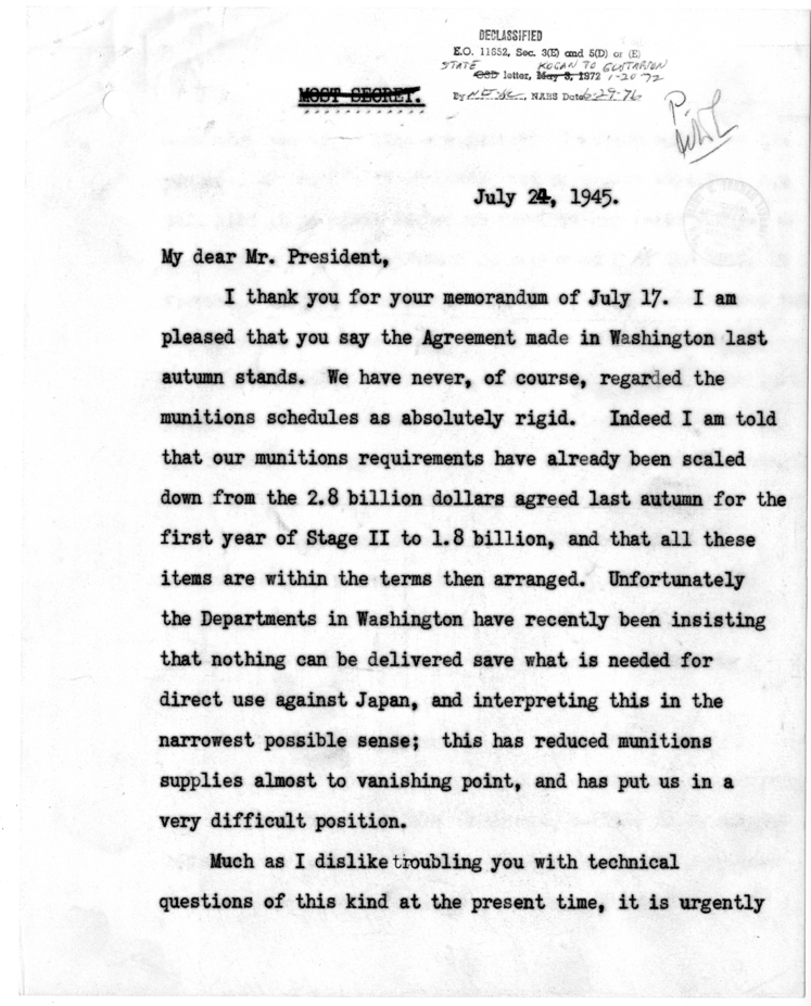 Memorandum from Prime Minister Winston Churchill to President Harry S. Truman