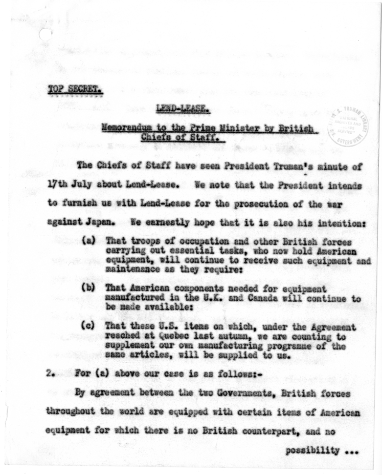 Memorandum from Prime Minister Winston Churchill to President Harry S. Truman