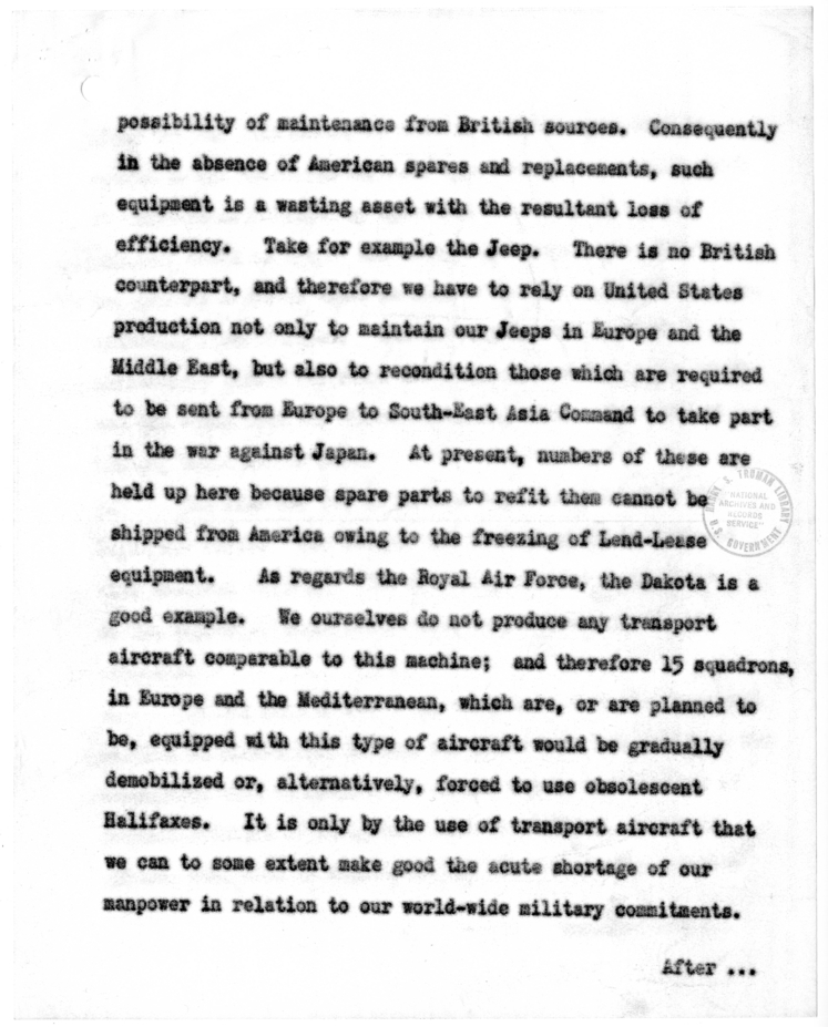 Memorandum from Prime Minister Winston Churchill to President Harry S. Truman