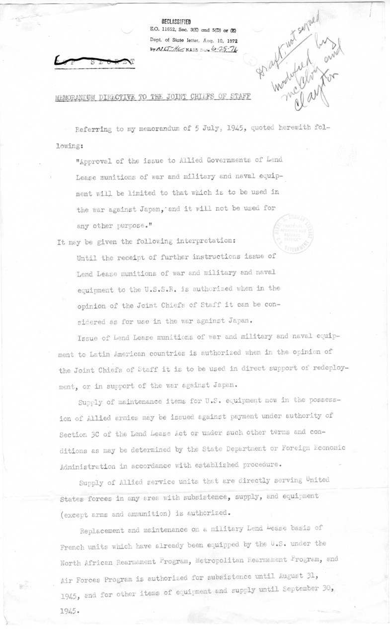 Memorandum Directive to the Joint Chiefs of Staff Regarding Lend-Lease