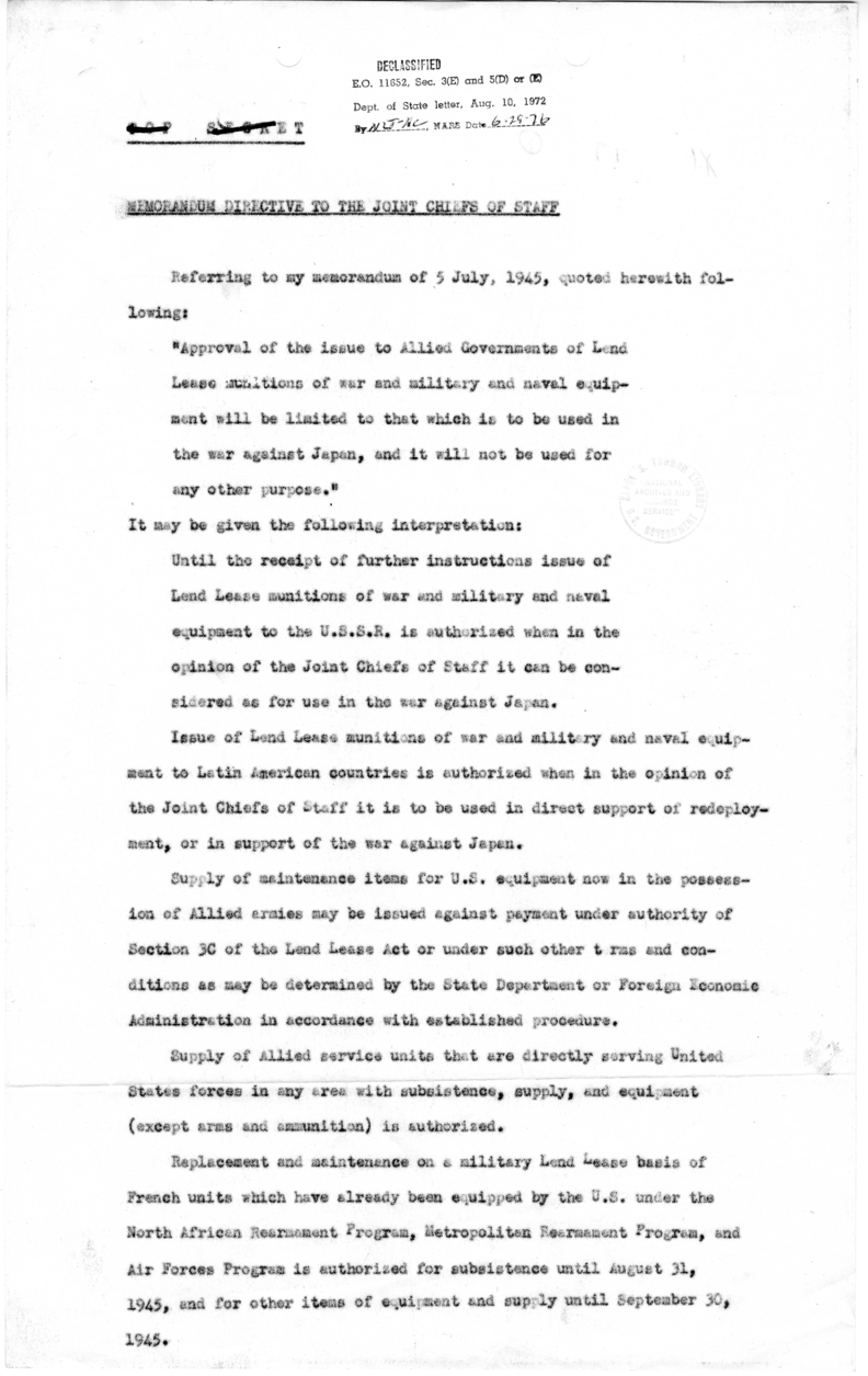 Memorandum Directive to the Joint Chiefs of Staff Regarding Lend-Lease