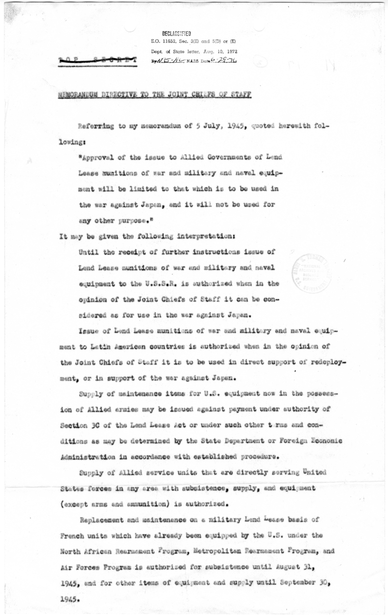 Memorandum Directive to the Joint Chiefs of Staff Regarding Lend-Lease