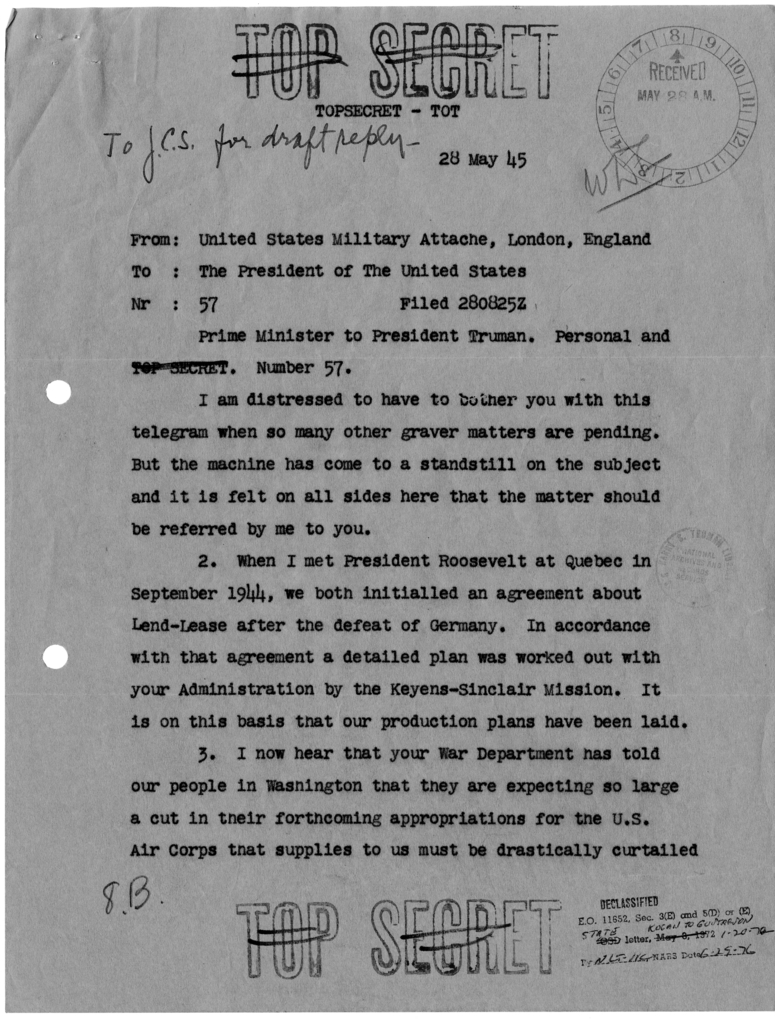 Telegram from Prime Minister Winston Churchill to President Harry S. Truman