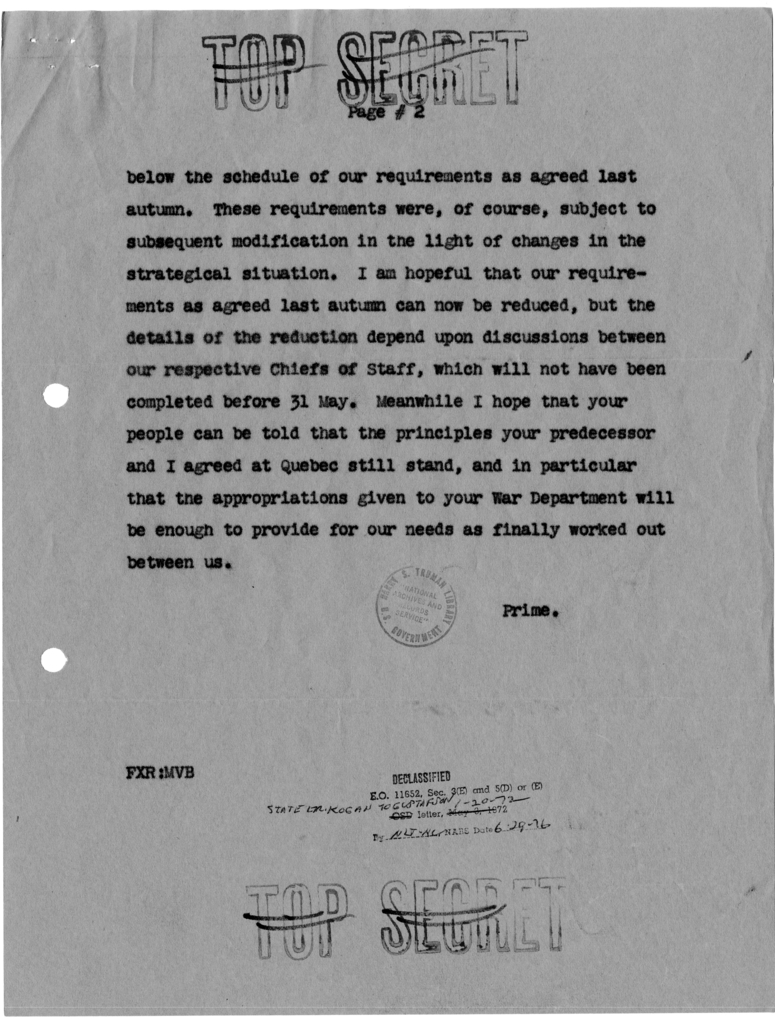 Telegram from Prime Minister Winston Churchill to President Harry S. Truman