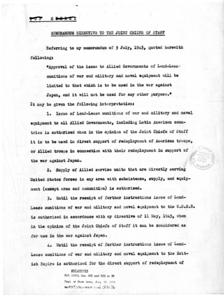 Memorandum Directive to the Joint Chiefs of Staff Regarding Lend-Lease