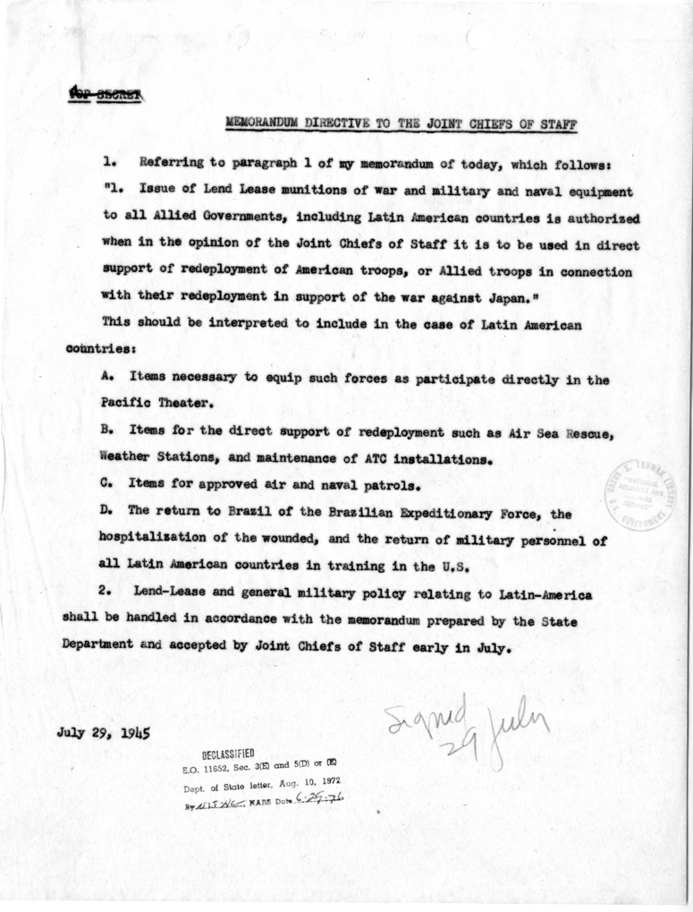 Memorandum Directive to the Joint Chiefs of Staff Regarding Lend-Lease