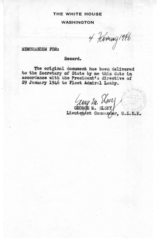 Memorandum for the Record from George M. Elsey