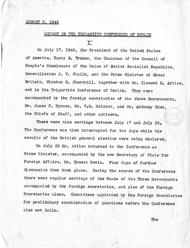 Report on the Tripartite Conference of Berlin - Final Typewritten Copy