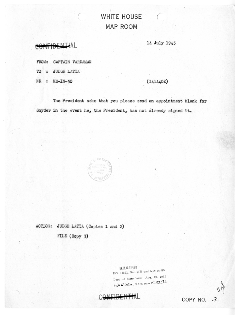 Telegram from Captain James K. Vardaman to Judge Maurice Latta [MR-IN-50]