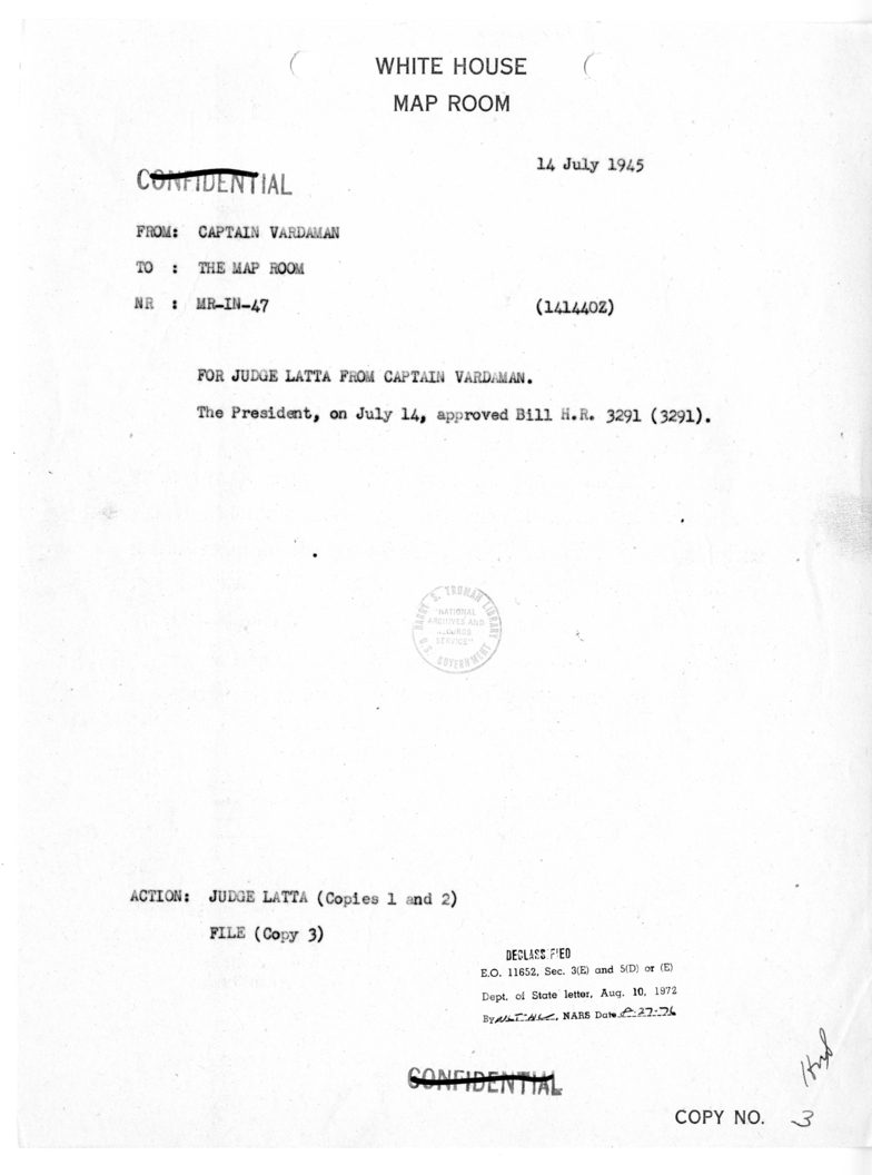 Telegram from Captain James K. Vardaman to the White House Map Room [MR-IN-47]