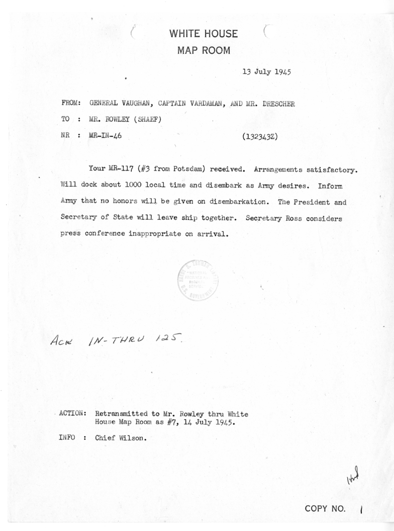 Telegram from Brigadier General Harry H. Vaughan, Captain James K. Vardaman and George C. Drescher to James J. Rowley [MR-IN-46]