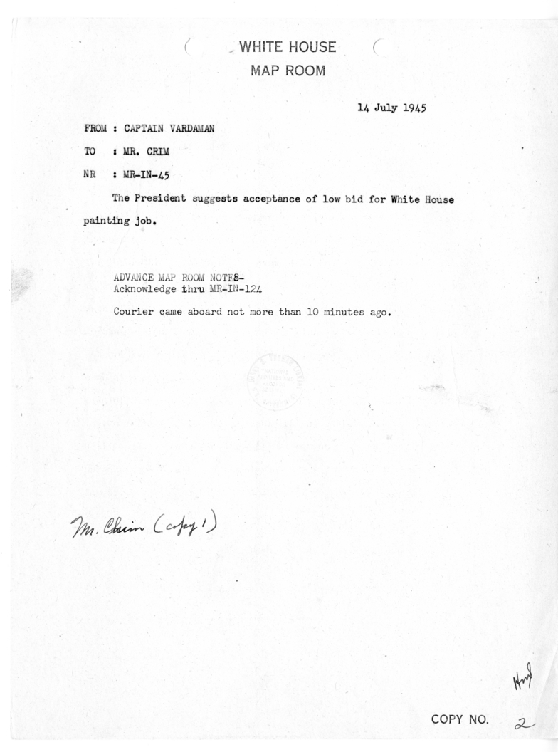 Telegram from Captain James K. Vardaman to Howell Crim [MR-IN-45]