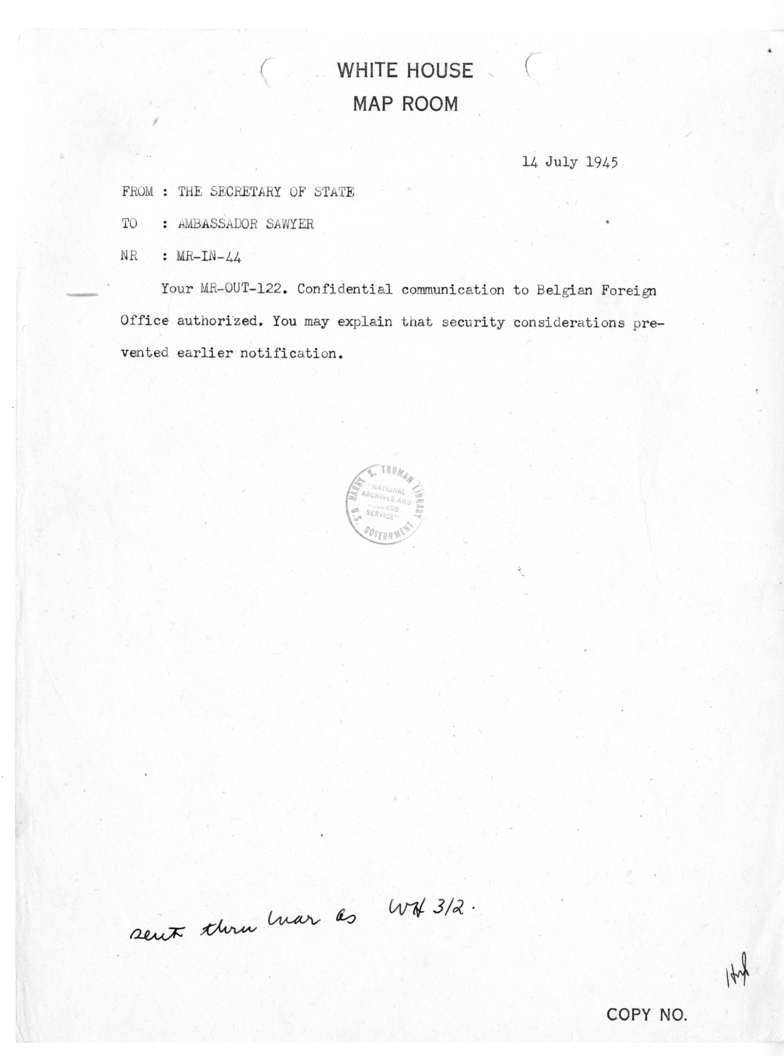 Telegram from Secretary of State James Byrnes to Ambassador Charles Sawyer [MR-IN-44]