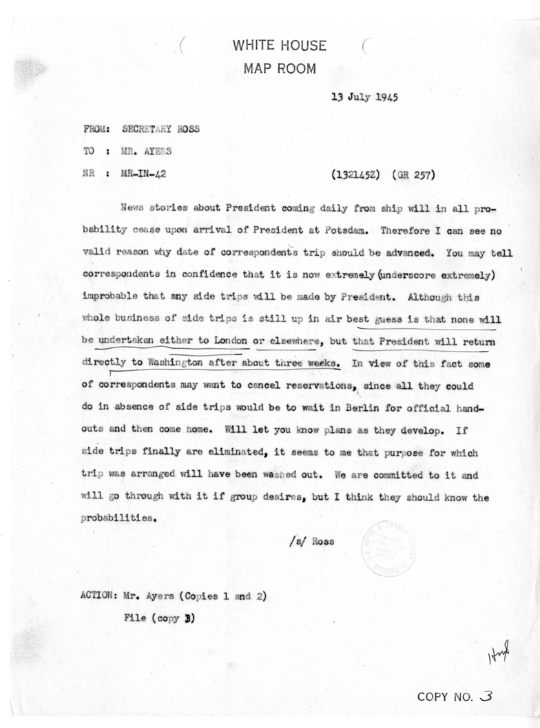 Telegram from Charles G. Ross to Eben Ayers [MR-IN-42]