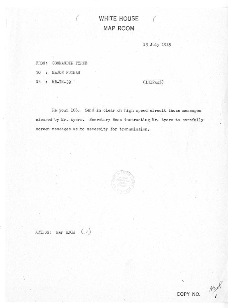 Telegram from Commander John A. Tyree to Major Putnam [MR-IN-39]
