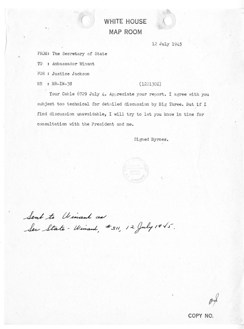 Telegram from Secretary of State James Byrnes to Ambassador John Winant for Justice Robert Jackson [MR-IN-38]