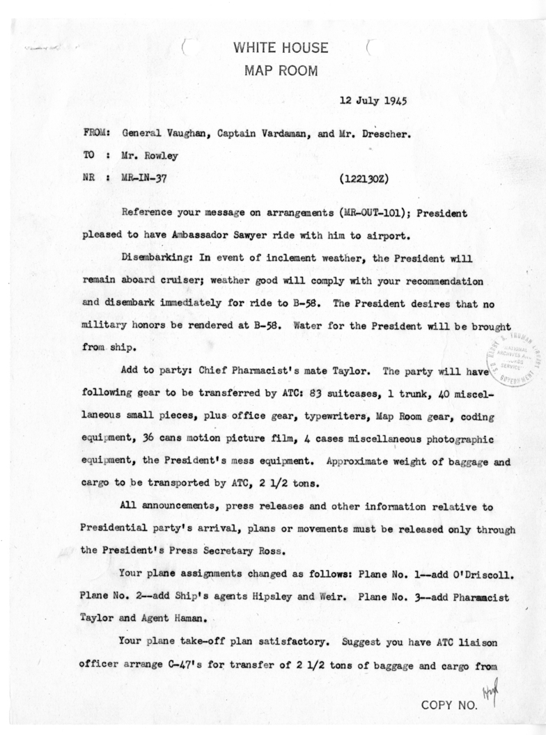 Telegram from General Harry H. Vaughan, Captain James K. Vardaman and George C. Drescher to James J. Rowley [MR-IN-37]