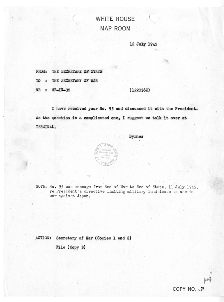 Telegram from Secretary of State James Bynres to Secretary of War Henry Stimson [MR-IN-36]