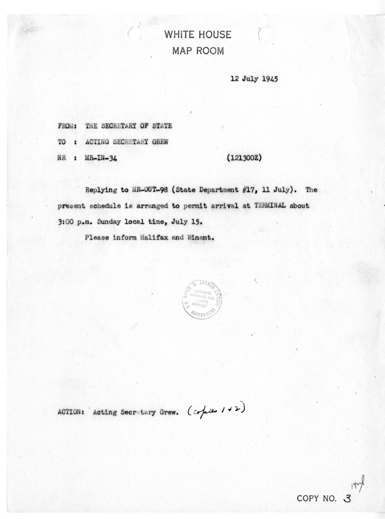 Telegram from Secretary of State James Byrnes to Acting Secretary of State Joseph C. Grew [MR-IN-34]