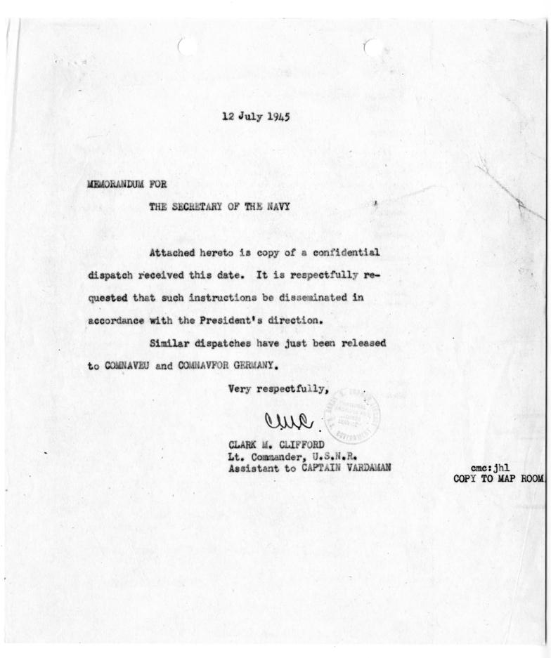 Memorandum from Lieutenant Commander Clark M. Clifford to Secretary of the Navy James V. Forrestal [unnumbered]