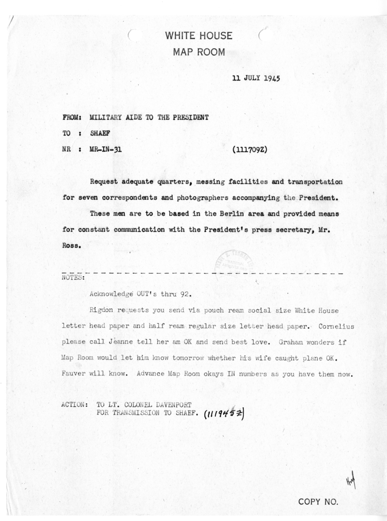 Telegram from Brigadier General Harry Vaughan to SHAEF [MR-IN-31]