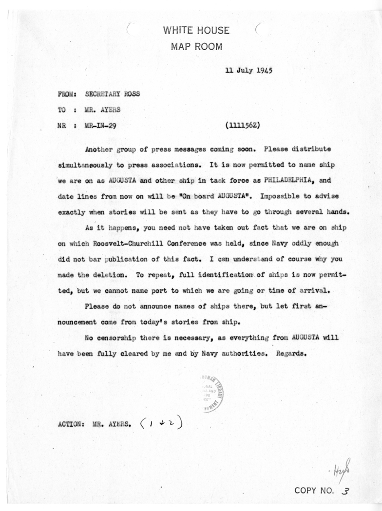 Telegram from Secretary Charles G. Ross to Eben Ayers [MR-IN-29]