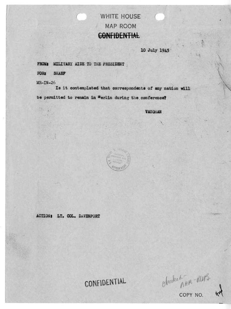 Telegram from Brigadier General Harry Vaughan to SHAEF [MR-IN-26]