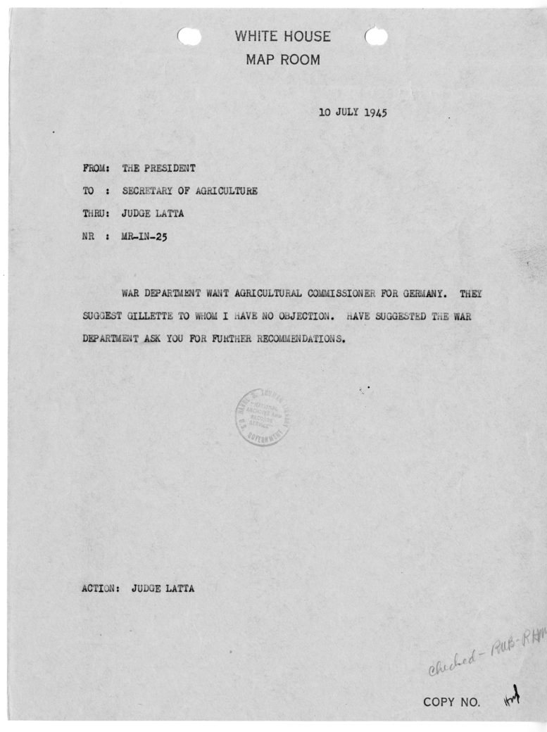 Telegram from President Harry S. Truman to Secretary of Agriculture Clinton Anderson [MR-IN-25]