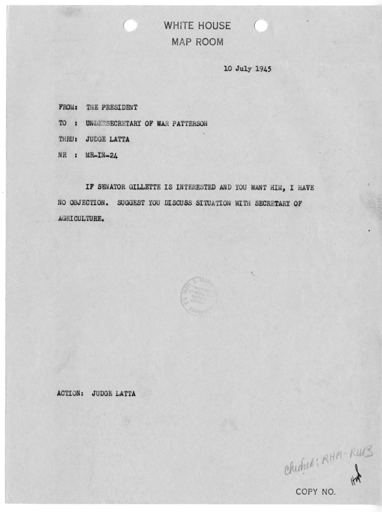Telegram from President Harry S. Truman to Undersecretary of War Robert P. Patterson Through Judge Maurice Latta [MR-IN-24]