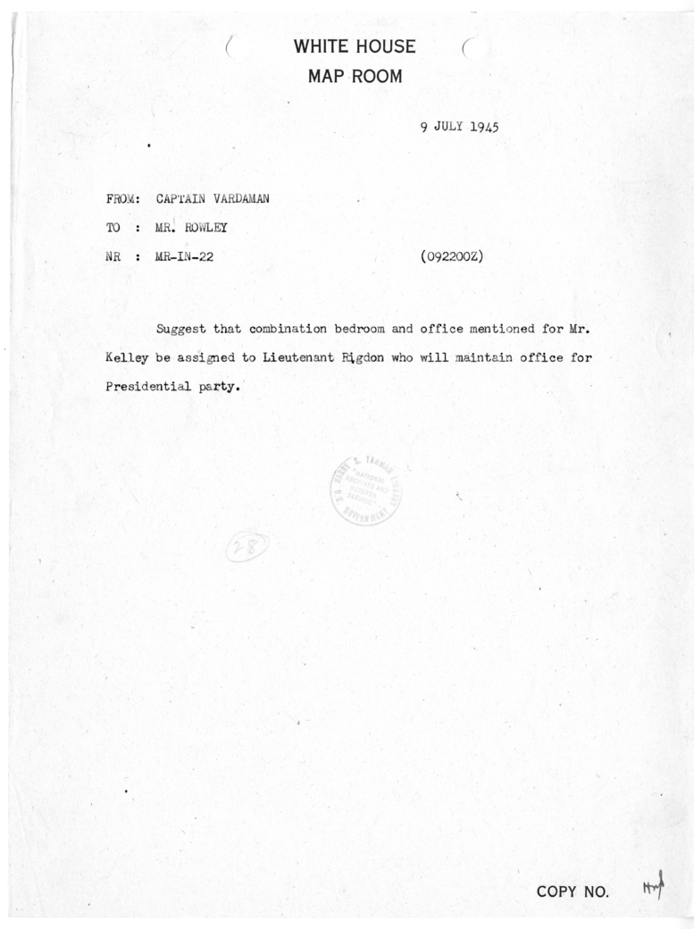 Telegram from Captain James K. Vardaman to James J. Rowley [MR-IN-22]
