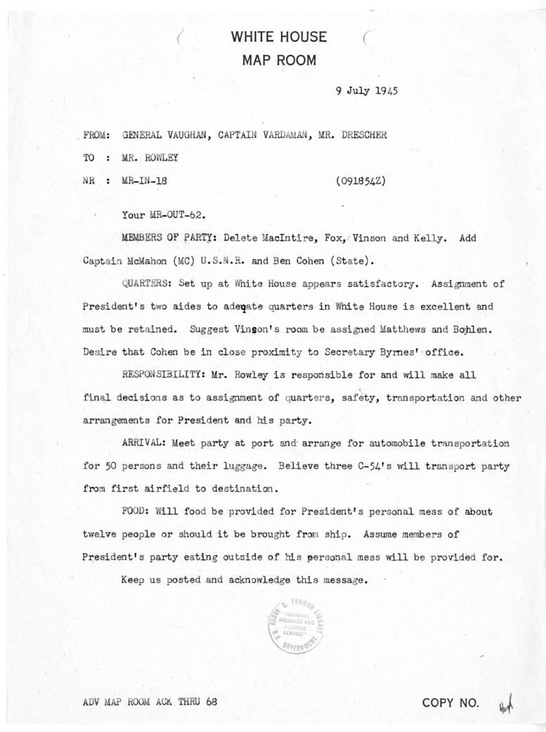 Telegram from General Harry H. Vaughan, Captain James K. Vardaman and George C. Drescher to James J. Rowley [MR-IN-18]