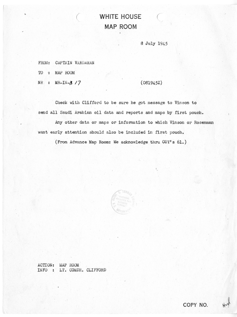 Telegram from Captain James K. Vardaman to the White House Map Room [MR-IN-17]
