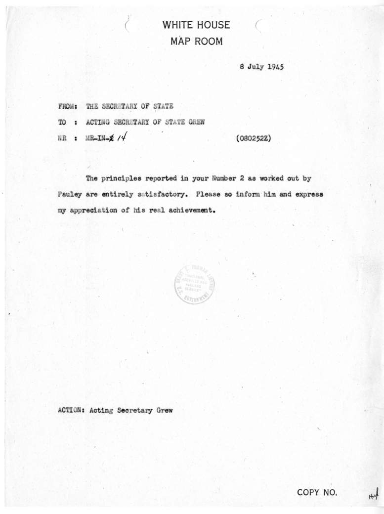 Telegram from Secretary of State James F. Byrnes to Acting Secretary of State Joseph C. Grew [MR-IN-14]