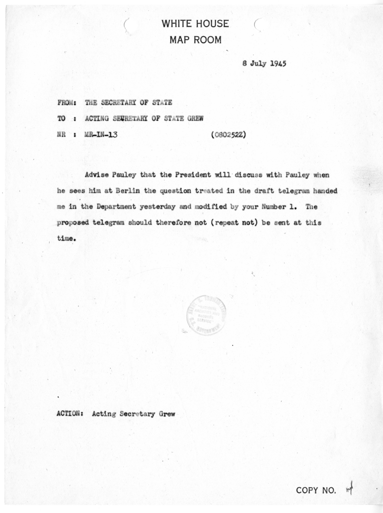 Telegram from Secretary of State James F. Byrnes to Acting Secretary of State Joseph C. Grew [MR-IN-13]
