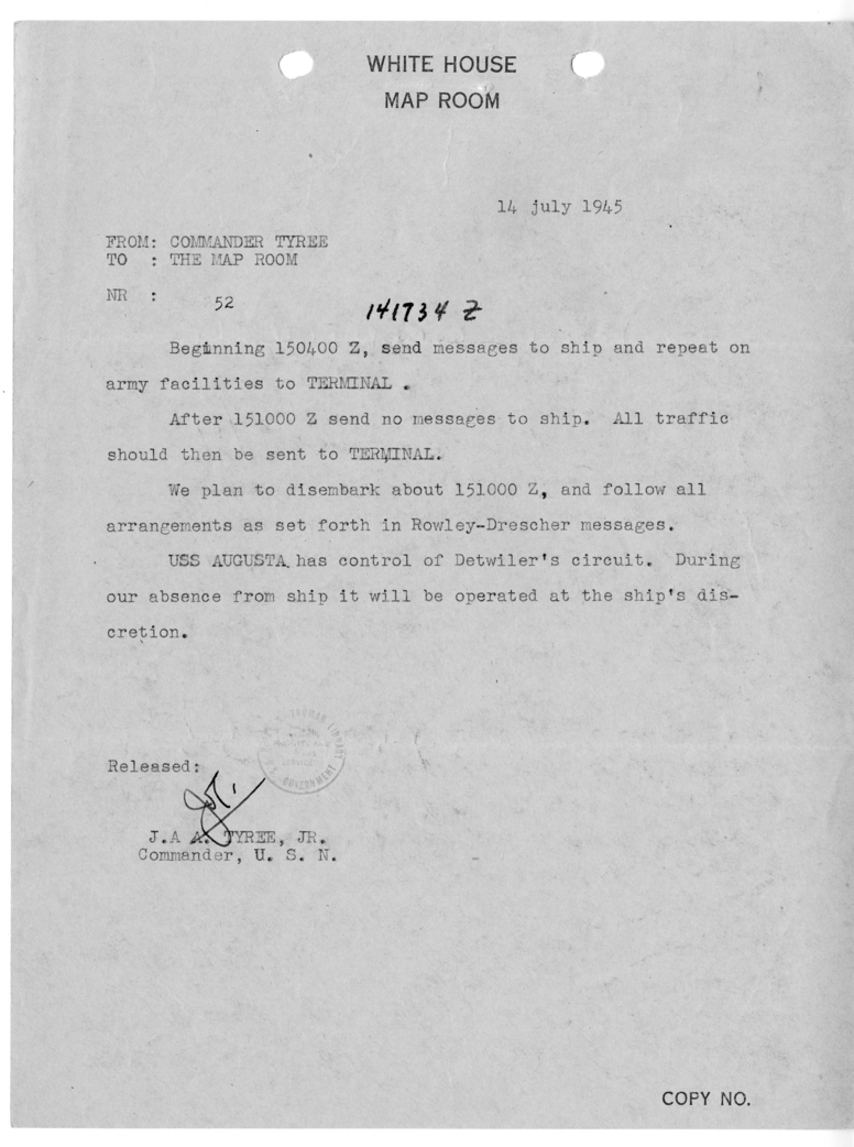 Telegram from Commander John A. Tyree to the Map Room