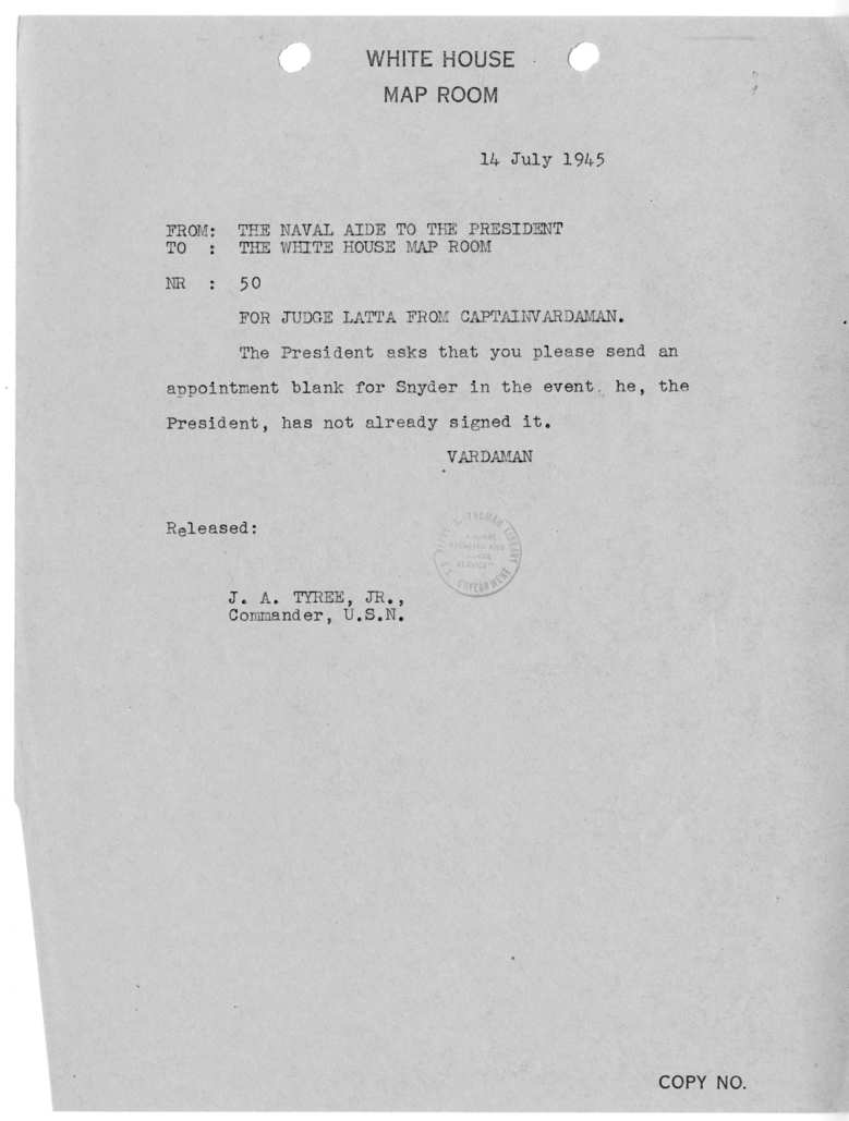 Telegram from Captain James Vardaman to the White House Map Room [50]