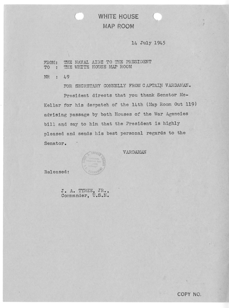 Telegram from the Naval Aide to the President to the White House Map Room [49]